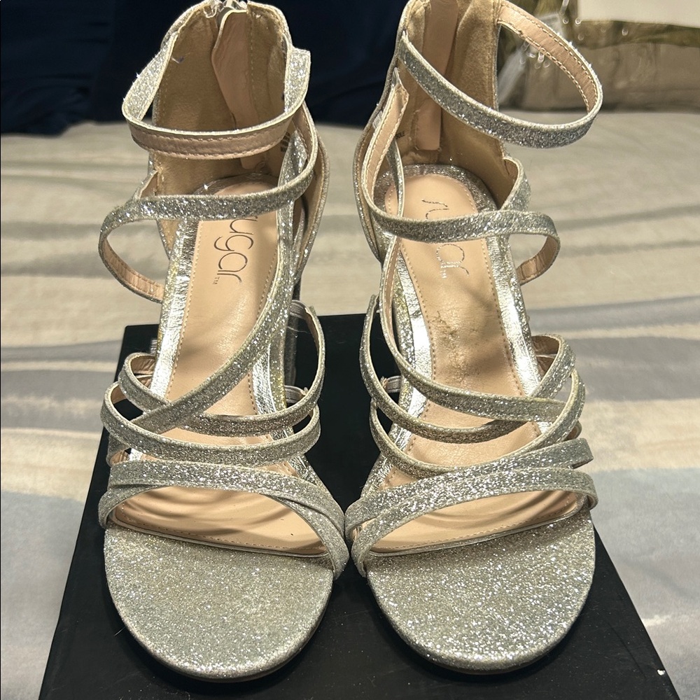 Sugar Silver Glitter Strappy Heels